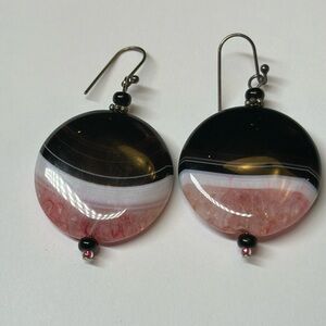 Pink and black stone glass dangle disc earrings